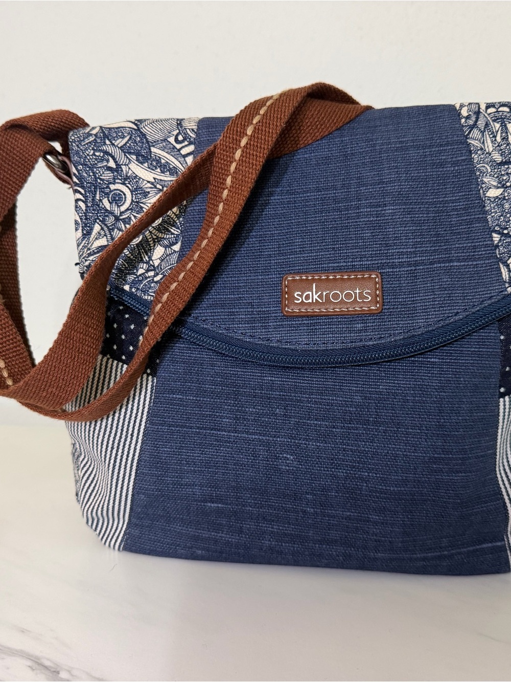 Sakroots Navy and Brown Patchwork Crossbody Bag